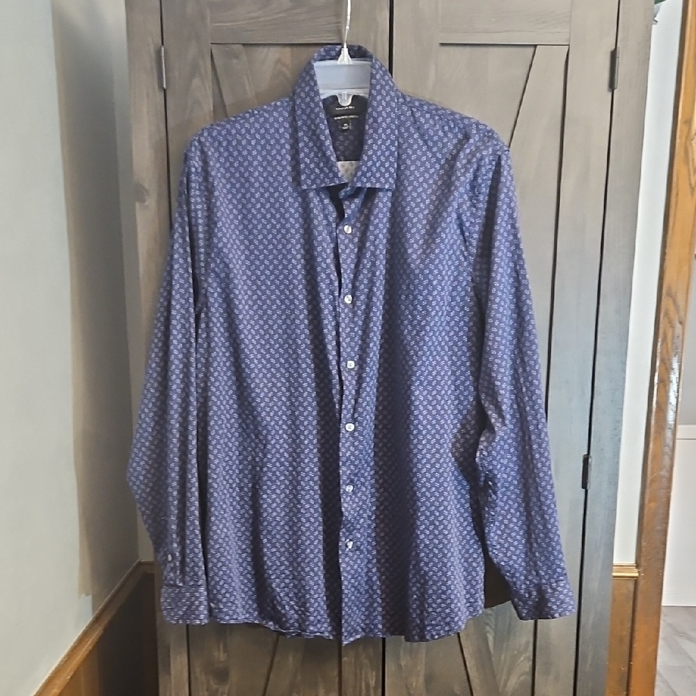 Tahari Navy Micro-Pattern Dress Shirt
